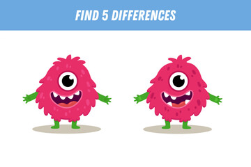 Find 5 differences between two pictures of funny pink monster. Cute alien. Vector illustration