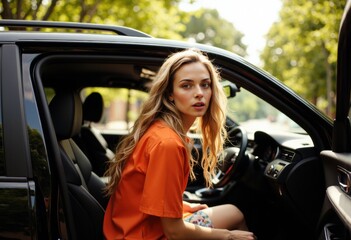 Young woman sitting in a car, looking back with a thoughtful expression