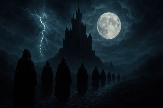 Mysterious cloaked figures approaching ancient gothic castle under moonlit stormy night sky