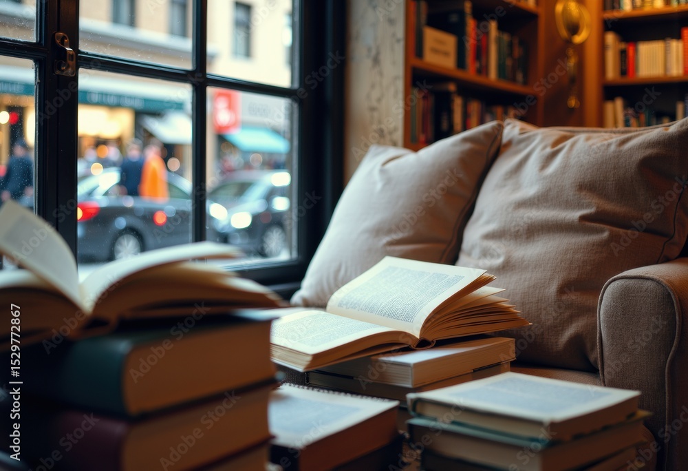 Poster cozy reading nook with open books and a comfortable sofa near a large window