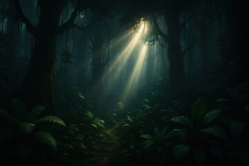 Mysterious Dark Rainforest with Sun Rays Piercing Through the Dense Canopy Illuminating Lush Jungle Greenery and Creating an Atmospheric Fantasy Forest Scene 3D Illustration