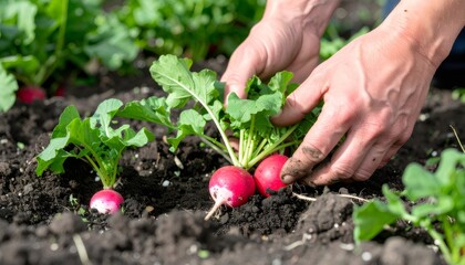 Gardener's hands extracting crisp red radishes from dark, fertile soil, highlighting organic farming and homegrown vegetable harvest