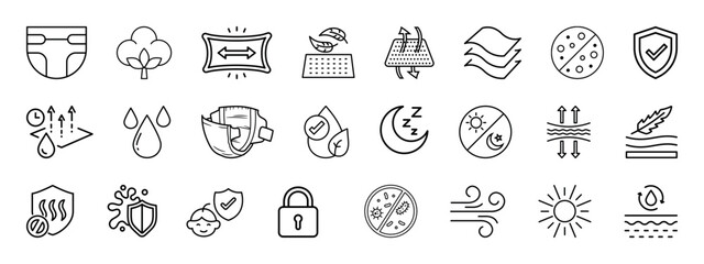 Diaper features line icon set. Simple outline sign for nappy package. Baby pants feature - absorption, breathable, cotton, poo pee, bath minimal vector illustration.