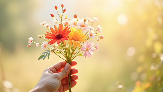 hand holding colorful arrangements flowers. Bright and sunny day with simple aesthetic romantic vibes. Perfect for wedding, greeting card, flower card, and more