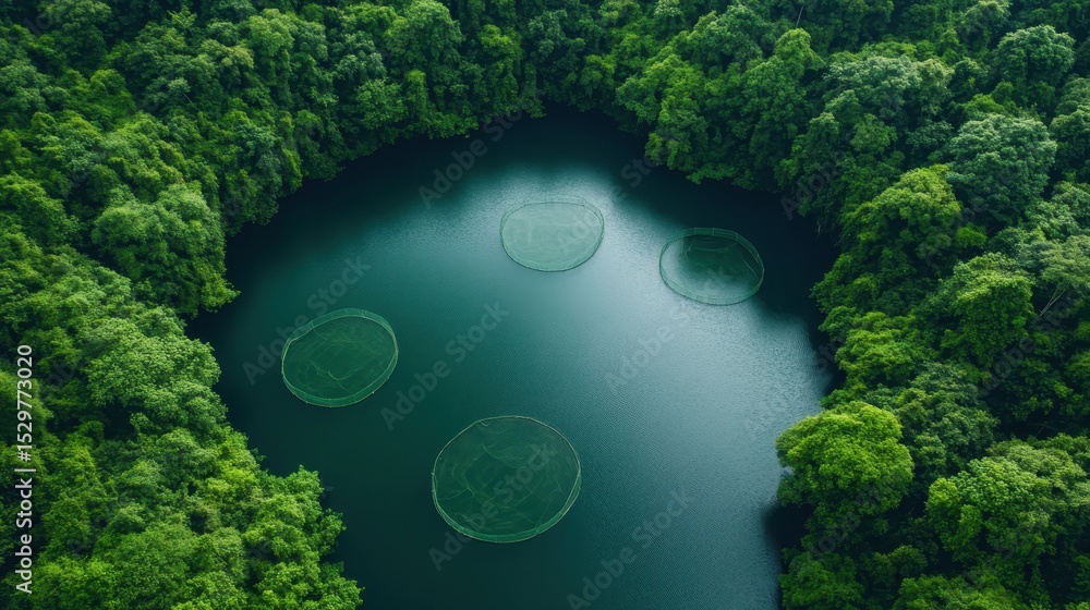 Aufkleber an aerial view of a serene forest lake, enveloped by lush greenery and circular nets floating on the