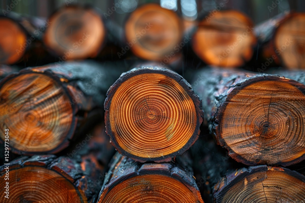 Poster an artistic close-up of stacked logs, revealing intricate patterns and textures. the natural colors 