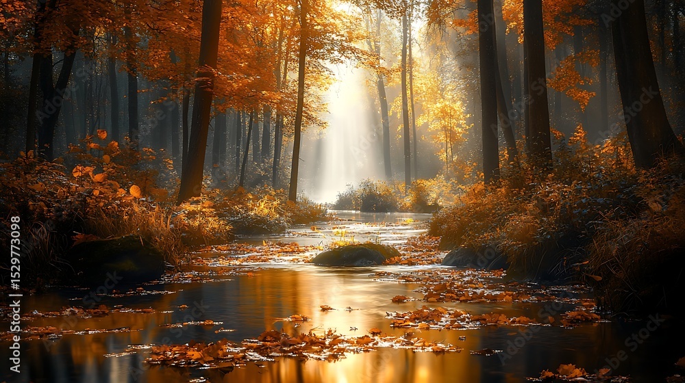 Aufkleber a tranquil autumn forest with a small stream running through, fallen leaves floating on the water, a