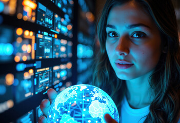 Young woman holding a glowing globe in a high-tech environment