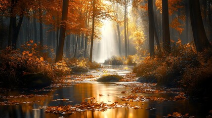 A tranquil autumn forest with a small stream running through, fallen leaves floating on the water, and sunlight filtering through the trees