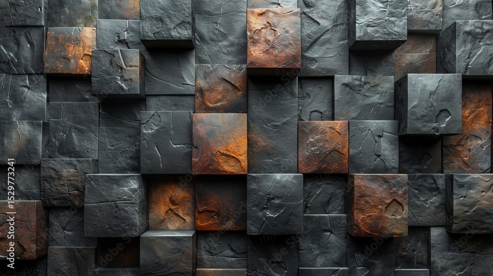 Poster an intricate arrangement of rough cubic blocks featuring rust highlights, creating a mesmerizing pat