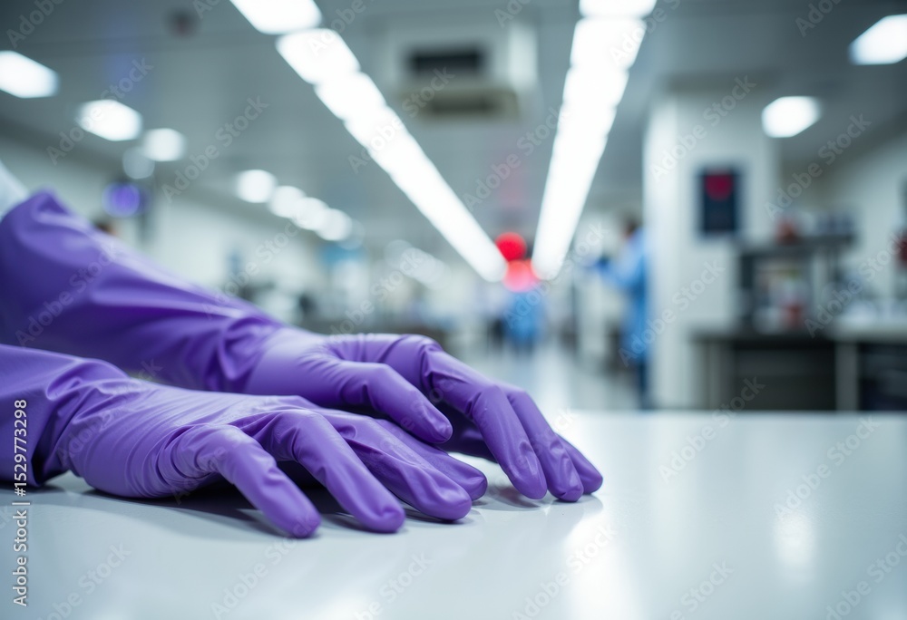 Poster purple latex gloves resting on a clean surface in a laboratory setting