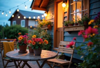 Cozy outdoor patio with potted flowers and warm lighting at dusk