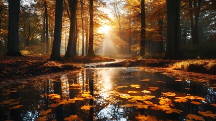 A tranquil autumn forest with a small stream running through, fallen leaves floating on the water, and sunlight filtering through the trees