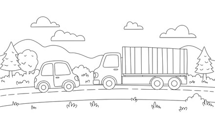 Naklejka premium Simple Line Drawing of Cars and Truck on Road Coloring Page
