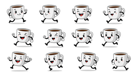 Fototapeta premium Animated Coffee Cup Characters Running: A Collection of Unique and Lively Coffee Illustrations