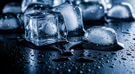 Close-up of Melting Ice Cubes with Water Droplets on Dark Surface