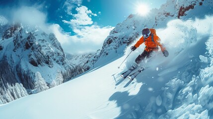 An exhilarating image of a skier in bright gear speeding down a snow-covered slope, capturing the thrill of winter sports and the beauty of nature.