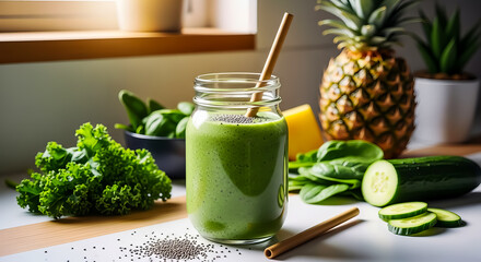 Refreshing Green Smoothie soup in Mason Jar with Ingredients