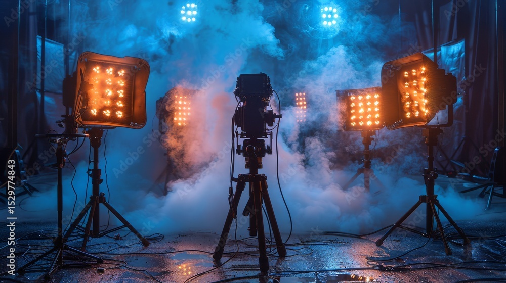 Aufkleber a dramatic setup in a photography studio includes multiple lighting rigs and smoke effects, creating