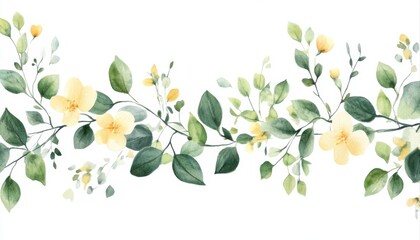 Obraz premium Watercolor Hand Painted Nature Romantic Banner Frame with Green Elements