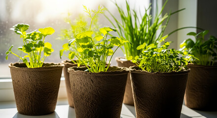 Sunlit Herbs green natural plants Growing in Brown Pots on Windowsill