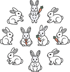 Nine White Rabbits Cartoon Illustration Set Carrots