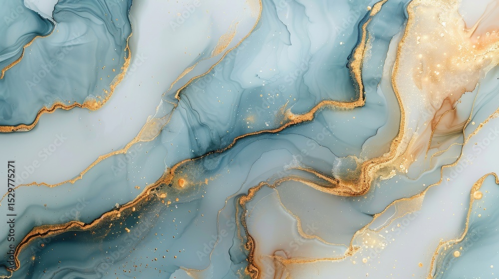 Poster a mesmerizing fluid artwork features flowing blue and gold patterns, creating an elegant and sophist