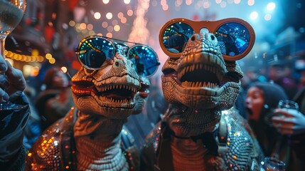 Fototapeta premium Two individuals dressed in fun dinosaur costumes with sunglasses celebrate joyfully at a vibrant party, illustrating a sense of playfulness and fun within the festive atmosphere.