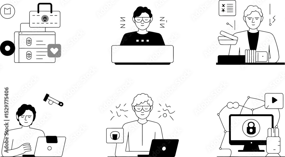 Poster illustrations of people working on computers and online tasks for business and technology concepts e
