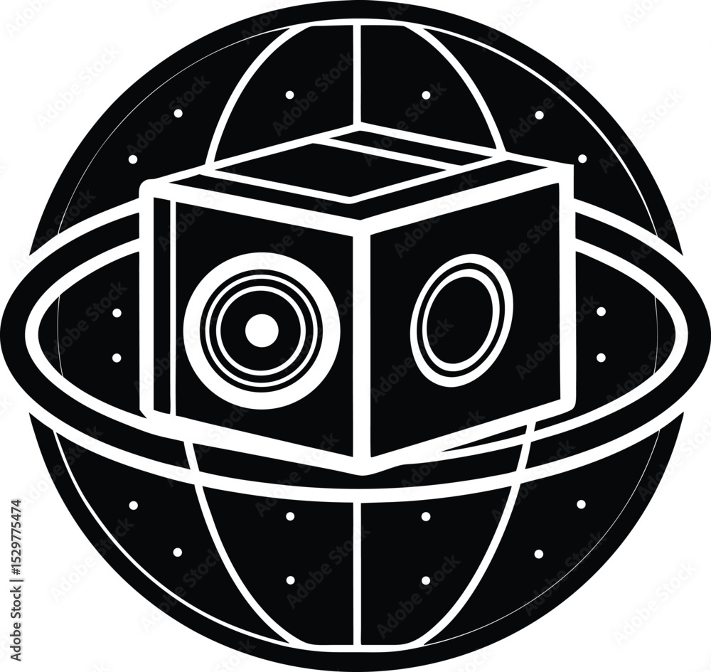 Poster monochromatic design of a cube silhouette centered within a globe with rings.