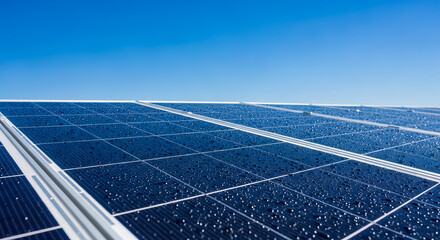 Wet Solar Panels Under a Clear Blue Sky Clean Energy and Renewable Resources