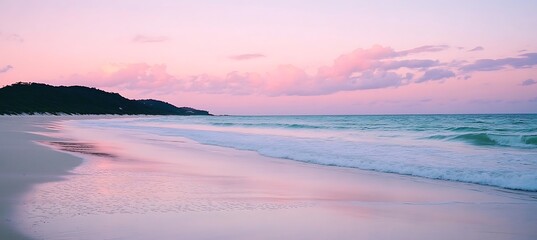 A tranquil beach at dusk with a soft pink sky and calm waves