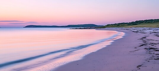 A tranquil beach at dusk with a soft pink sky and calm waves