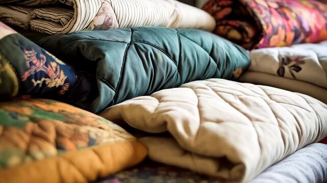 Stacked vintage patchwork quilts in diverse colors and patterns showcase homemade textile art and cozy rustic bedding on display.