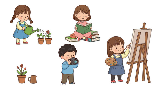 Different kids doing different things as hobbies and having fun learning art