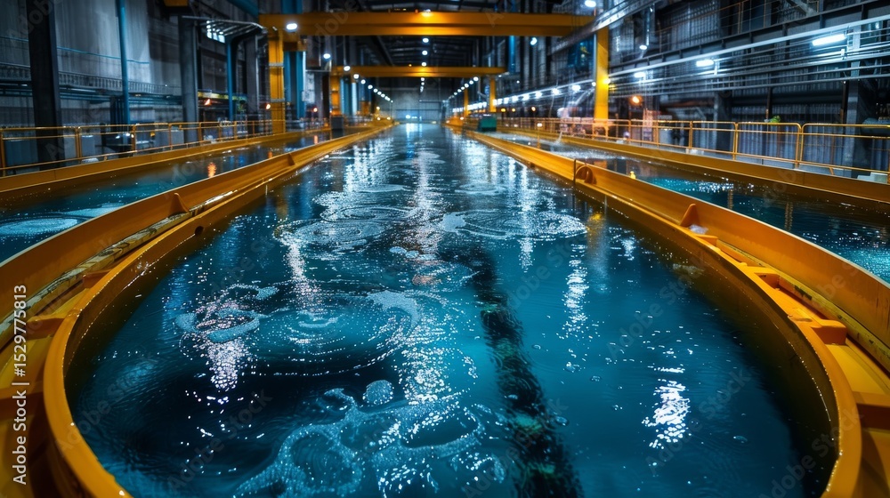 Poster a dynamic image showcasing swirling waters in a large industrial facility, highlighting the interpla