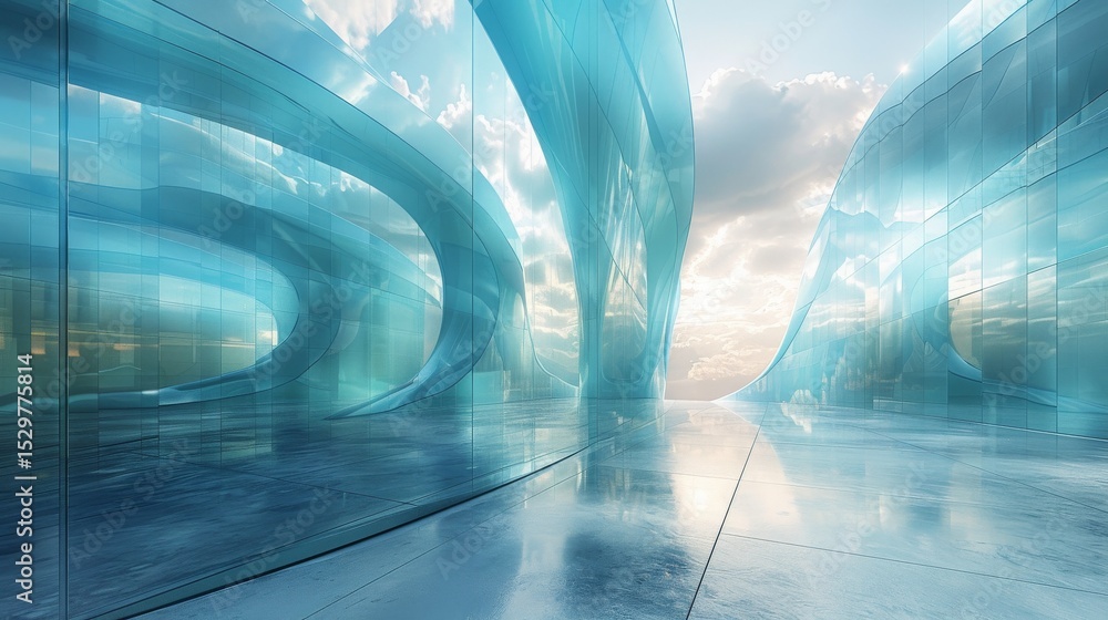 Aufkleber an intricate architectural design showcasing a futuristic landscape made of transparent glass struct