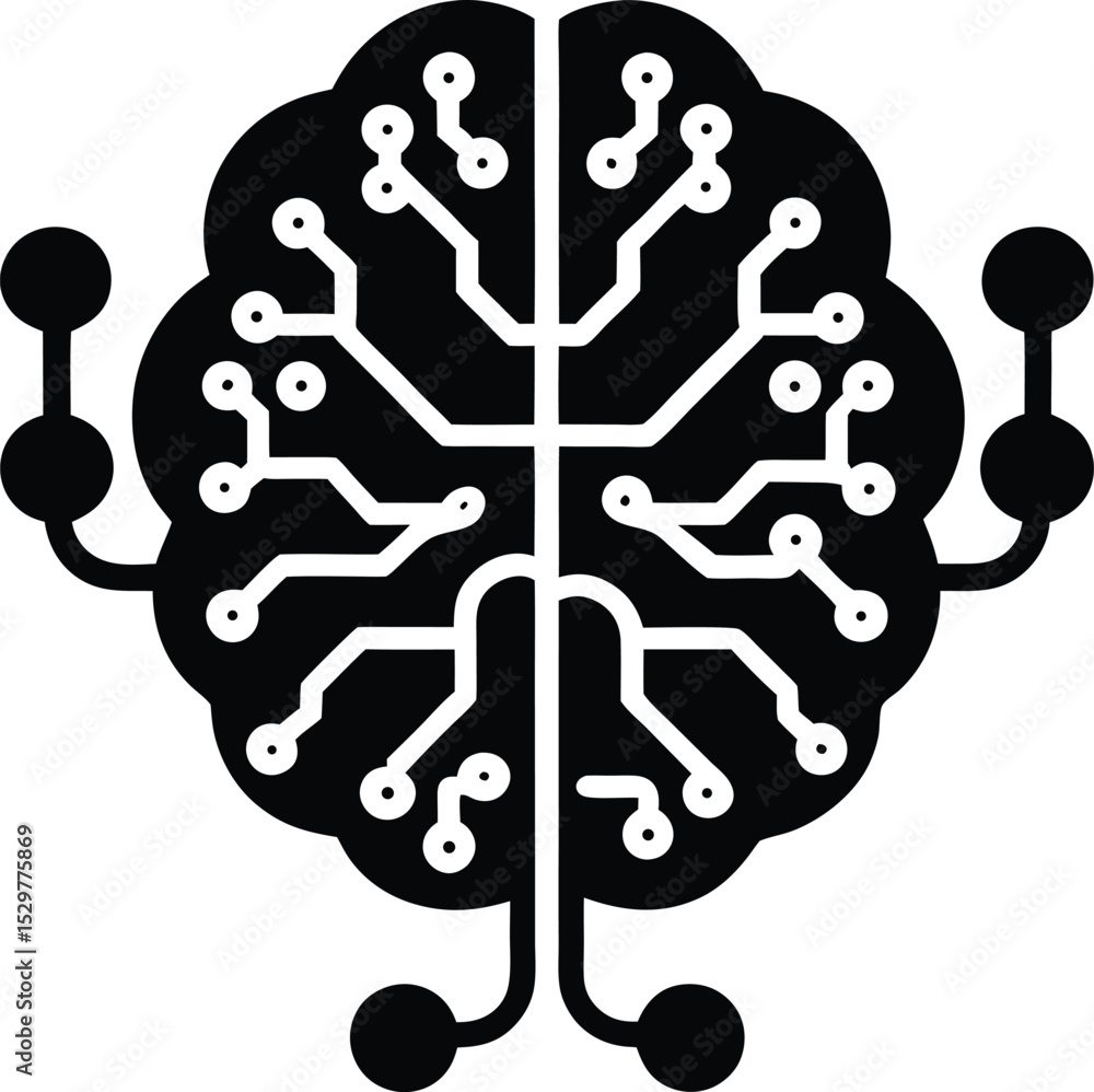 Poster abstract brain with circuitry and silhouette spherical terminals as artificial intelligence concept