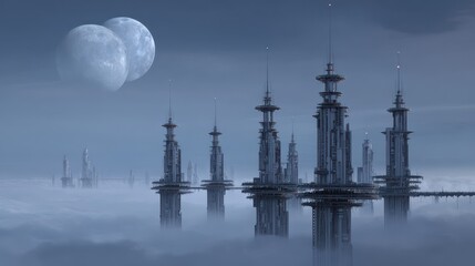 Futuristic Alien Metropolis with Twin Moons Above