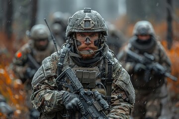 A soldier in full tactical gear navigates a snowy forest, showcasing determination and focus amidst harsh conditions, with snowflakes falling and blurred comrades behind.