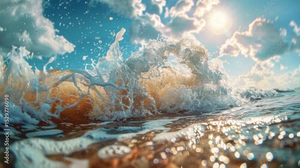 Poster a breathtaking scene captures dynamic waves crashing against a golden sandy beach, reflecting sunlig