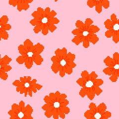 Pixel art colorful flowers vector seamless pattern, 8-bit retro video game cute design. Flat vector illustration for backgrounds, textile, social media, design