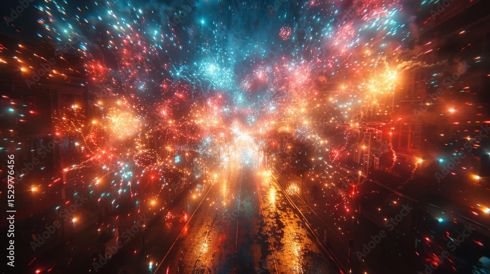Aufkleber a captivating display of colorful fireworks fills the night sky, illuminating the wet streets below,