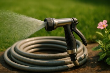Coiled garden hose with nozzle ready for watering in a sunny country house garden