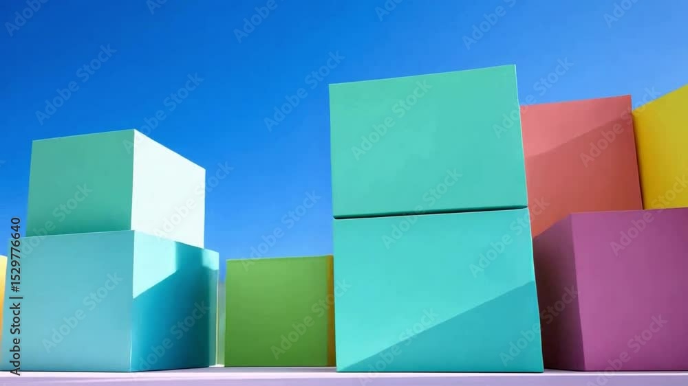 Poster Geometric Harmony: A vibrant arrangement of colorful blocks creates a captivating visual dance, each shape casting shadows under the open sky, sparking imagination and creativity.