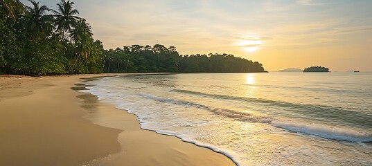A tranquil beach at sunset with gentle waves and distant islands