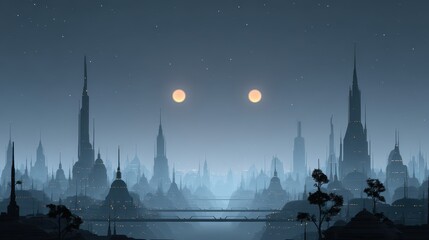 Alien Cityscape with Floating Towers and Light Bridges