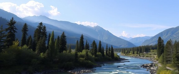 Serene mountain vista, flowing river, lush trees, wildlife silhouettes , vector art, stream