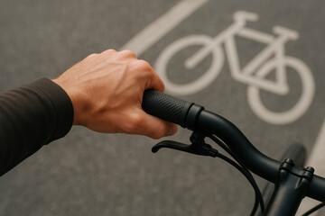 Close up of cyclist's hand gripping bicycle handlebar on urban bike lane with clear road marking in daylight