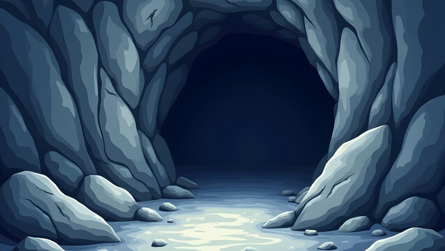Detailed illustration of a rocky cave entrance surrounded